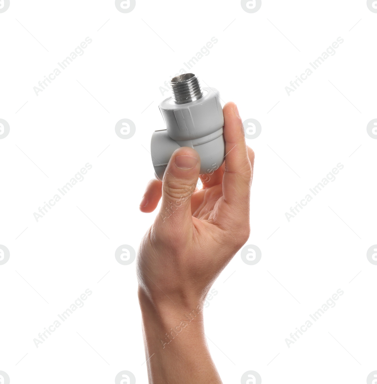 Photo of Male plumber holding pipe fitting on white background, closeup