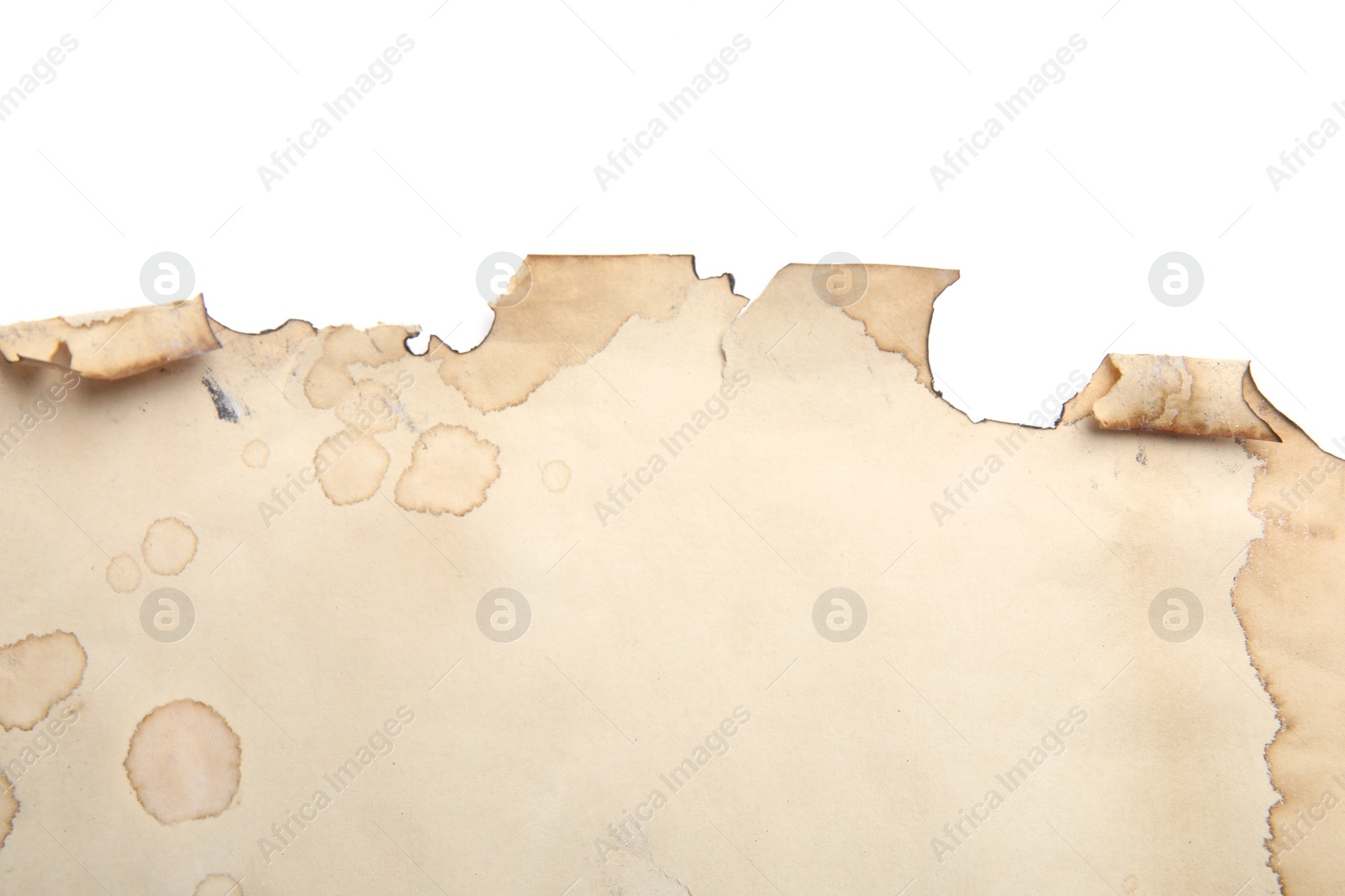 Photo of Sheet of old paper with wax seal isolated on white, top view. Space for text