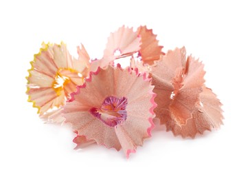 Photo of Heap of colorful pencil shavings on white background