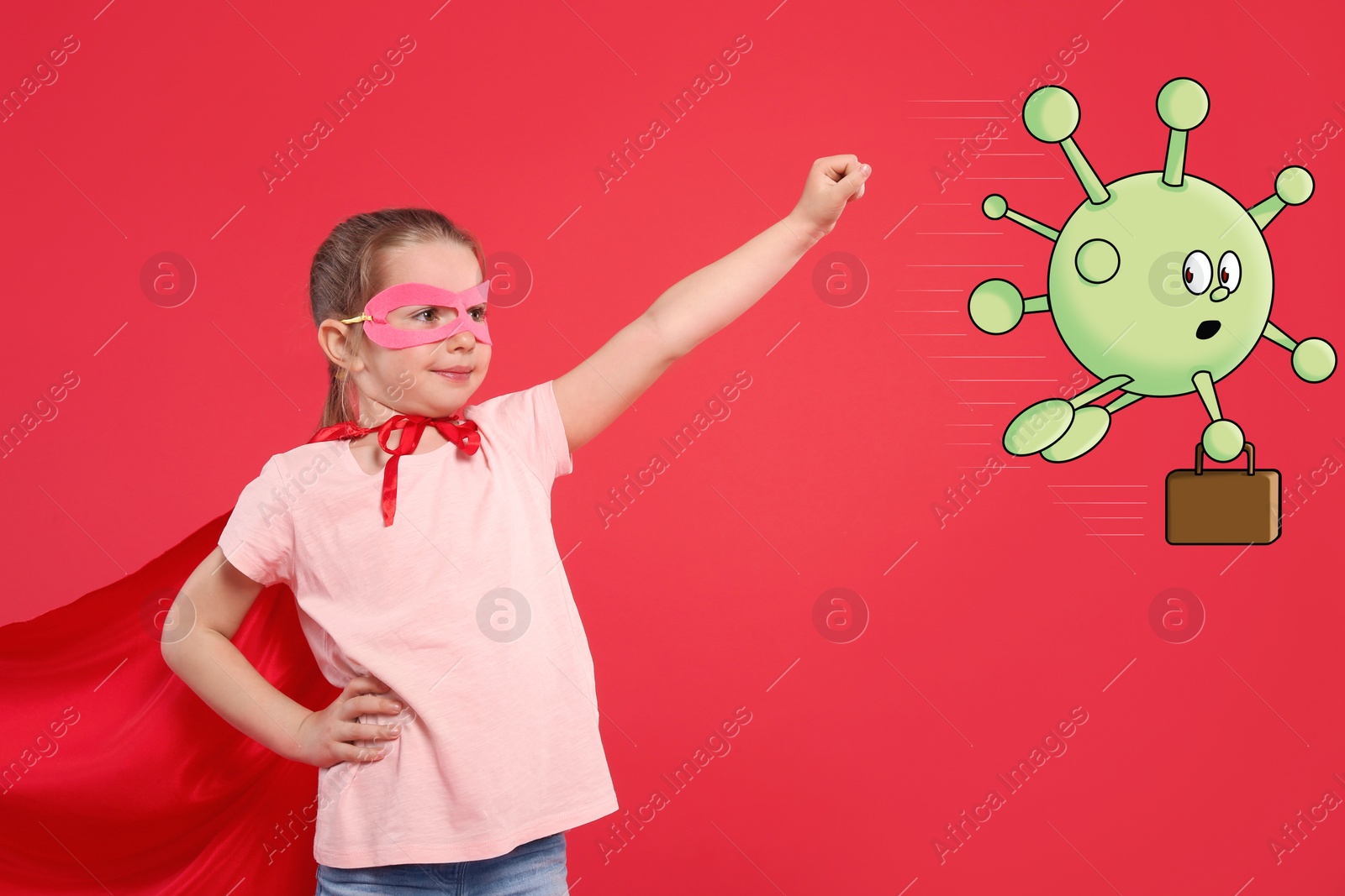 Image of Little girl wearing superhero costume won in fight against virus on red background