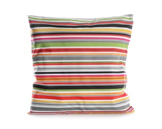 Photo of Soft decorative pillow on white background