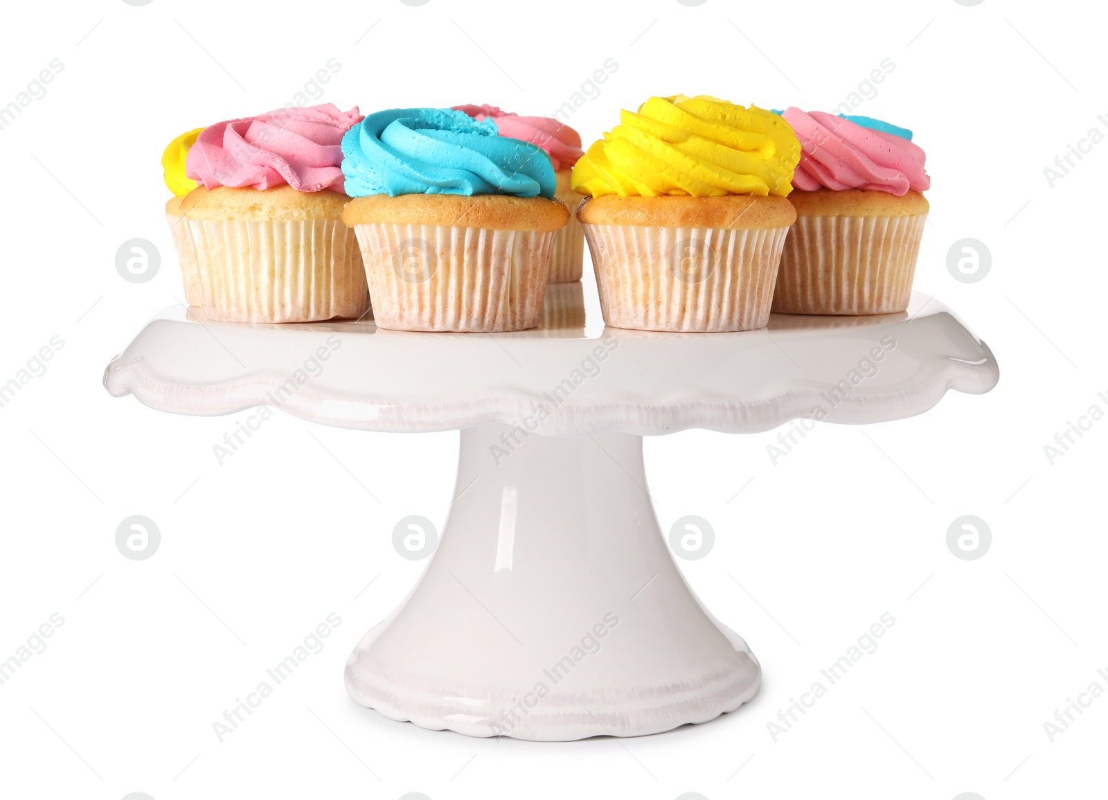 Photo of Delicious cupcakes with bright cream isolated on white