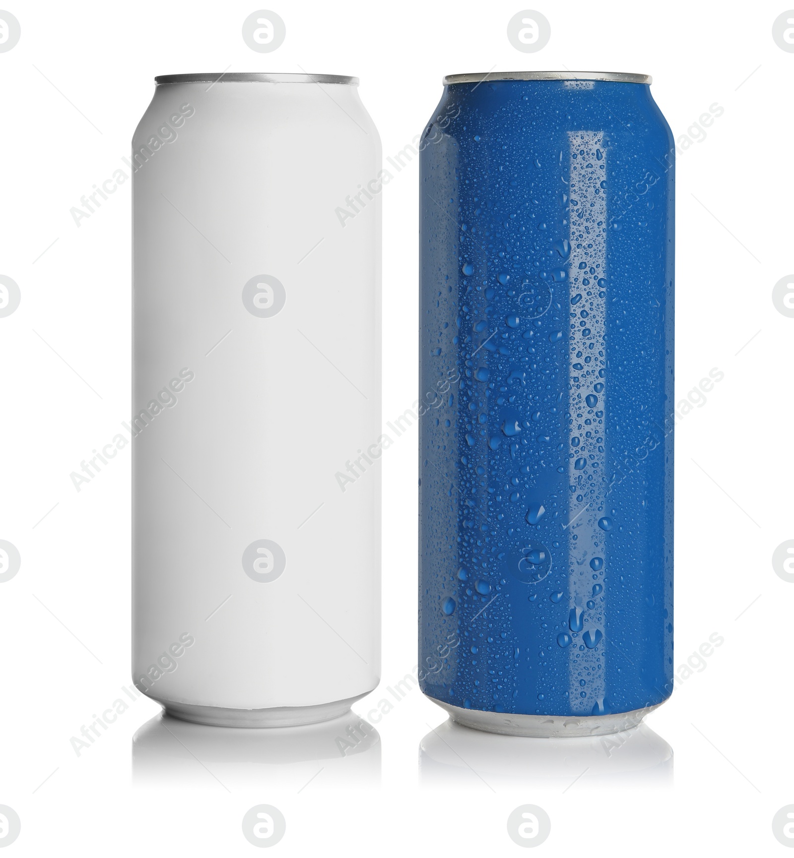 Photo of Aluminum cans with drinks on white background