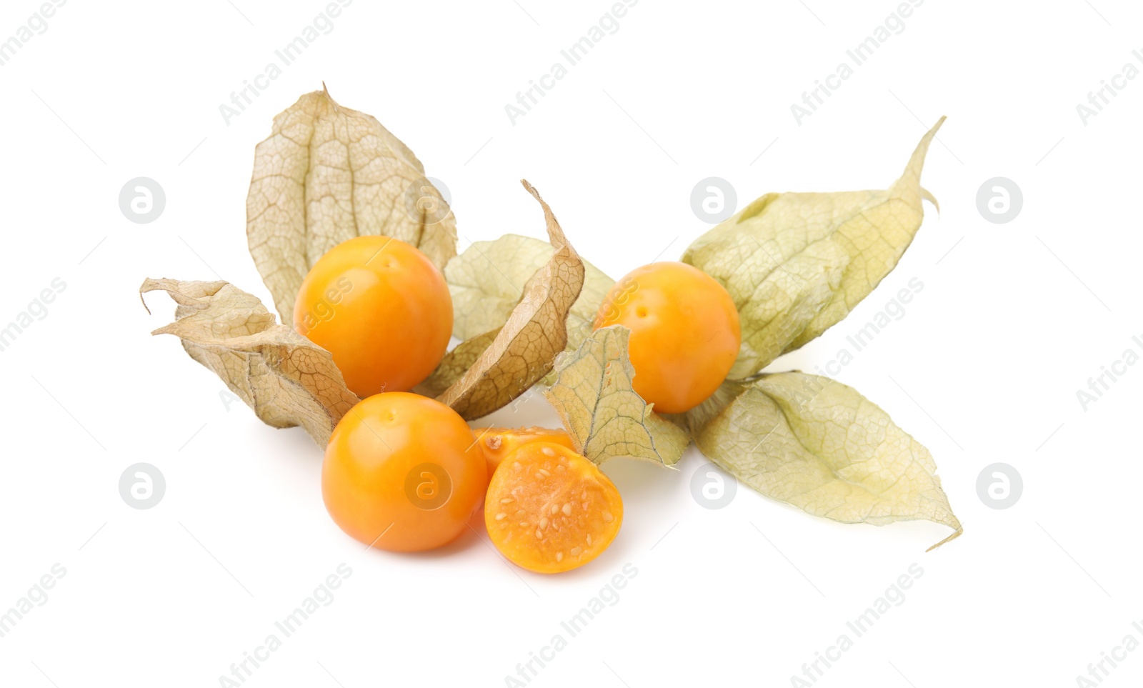 Photo of Many ripe physalis fruits with calyxes isolated on white