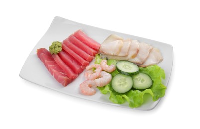 Sashimi set (raw slices of tuna, oily fish and shrimps ) served with cucumber, lettuce and vasabi isolated on white