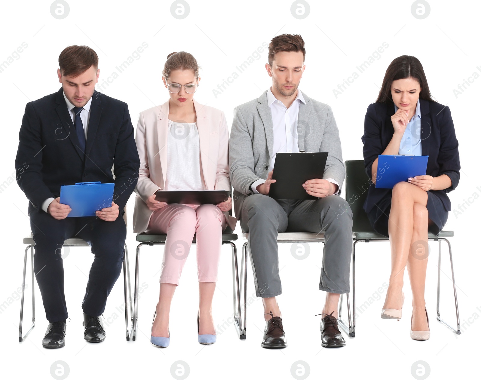 Photo of Group of people waiting for job interview on white background