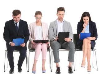 Photo of Group of people waiting for job interview on white background