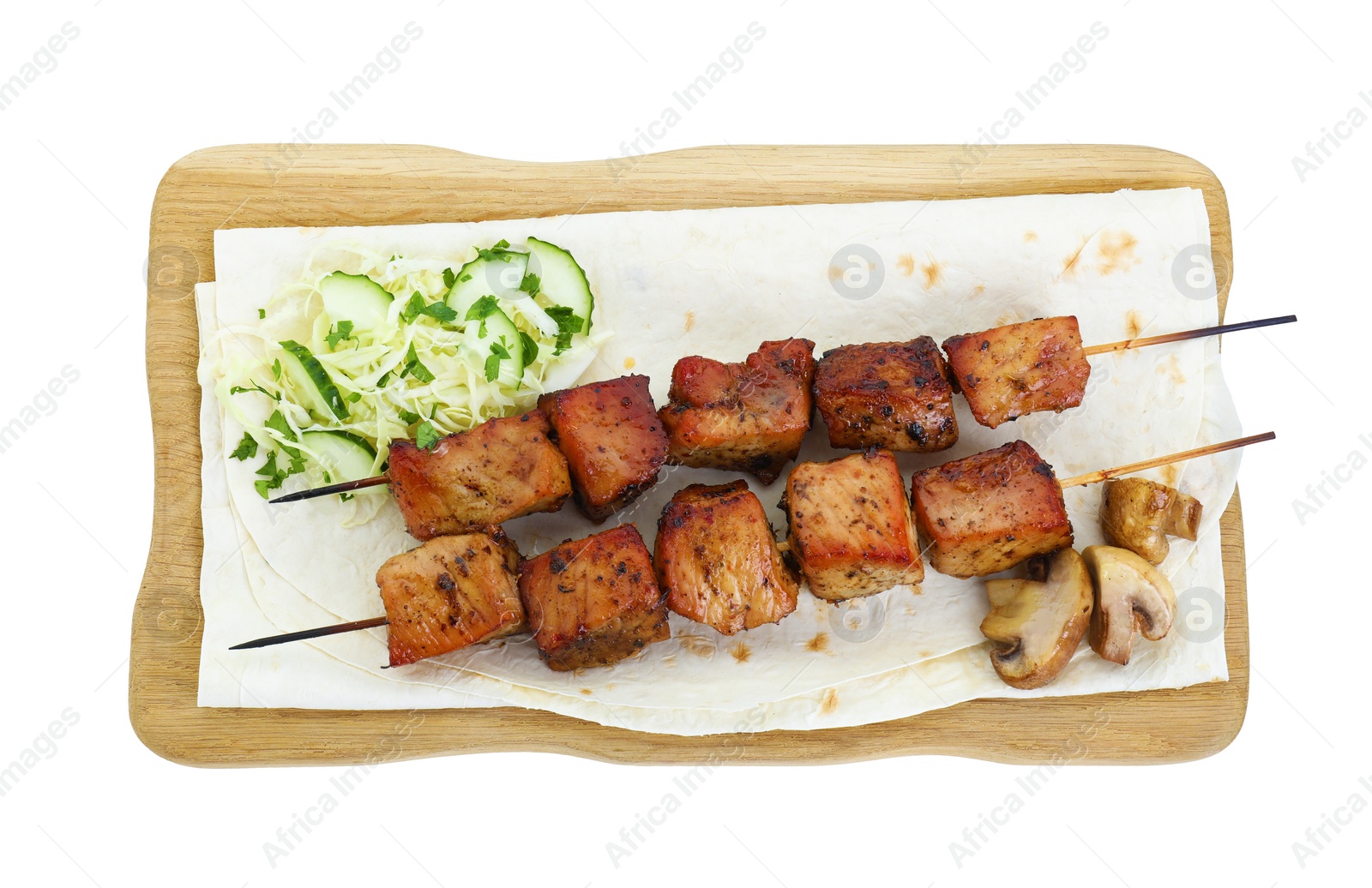 Photo of Board with delicious shish kebabs, vegetables and lavash isolated on white, top view