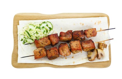 Photo of Board with delicious shish kebabs, vegetables and lavash isolated on white, top view