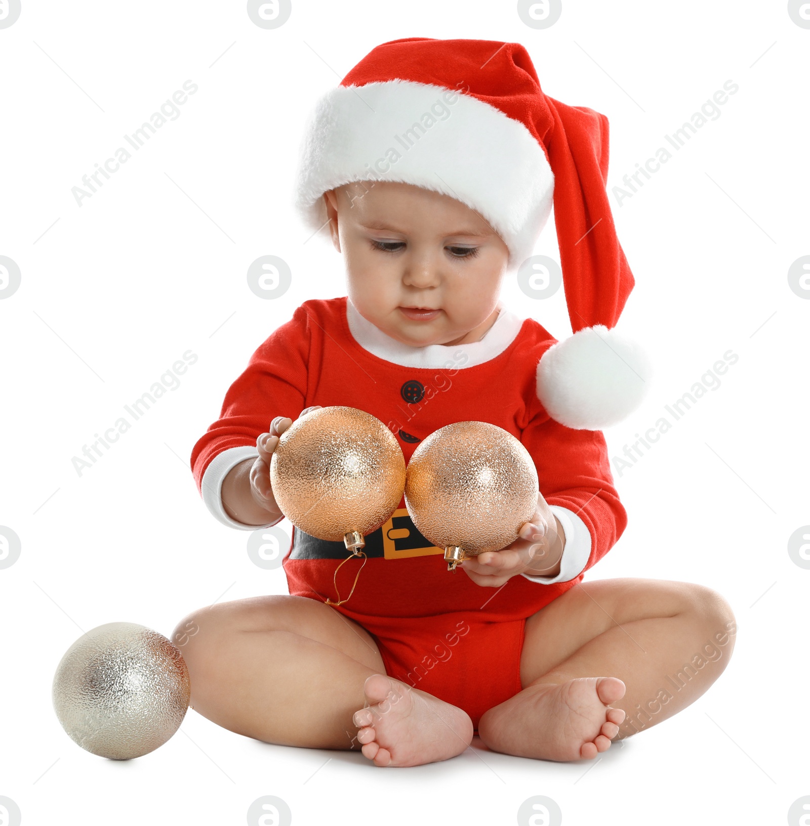 Photo of Cute little baby wearing festive Christmas costume on white background