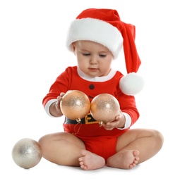 Photo of Cute little baby wearing festive Christmas costume on white background