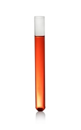 Photo of Test tube of color liquid isolated on white. Solution chemistry