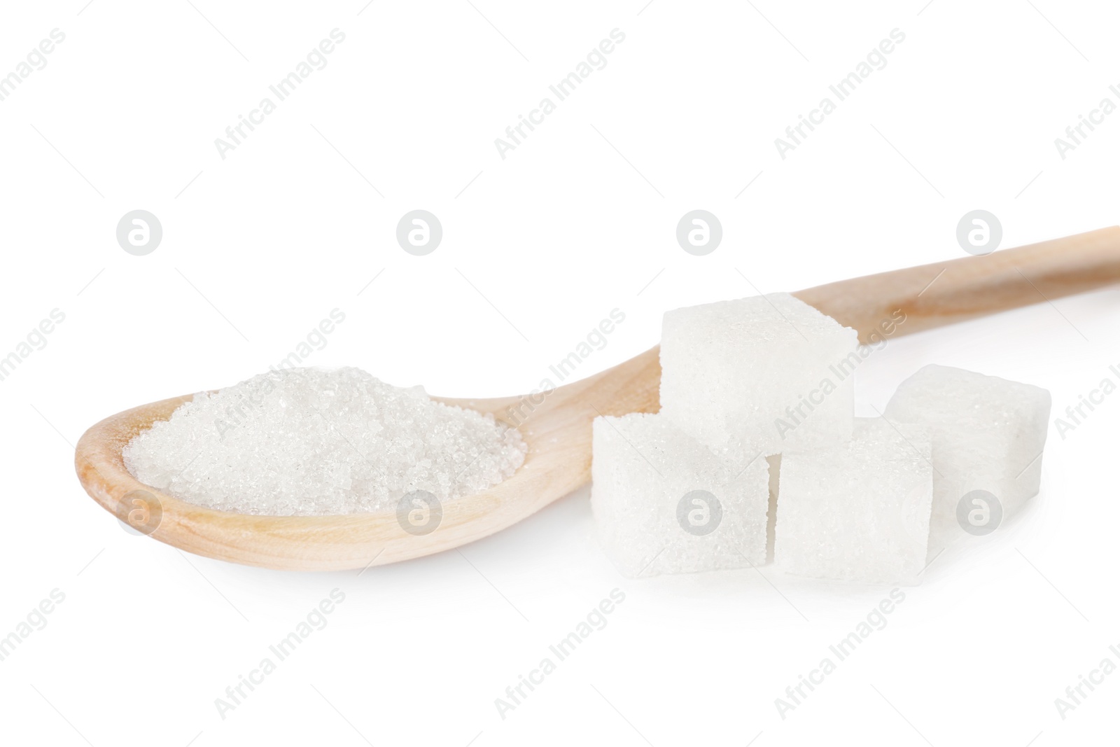 Photo of Different types of sugar and spoon isolated on white