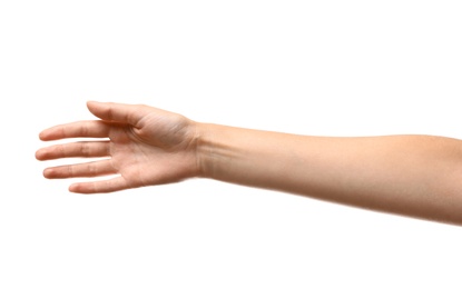 Photo of Young woman reaching hand for shake on white background, closeup