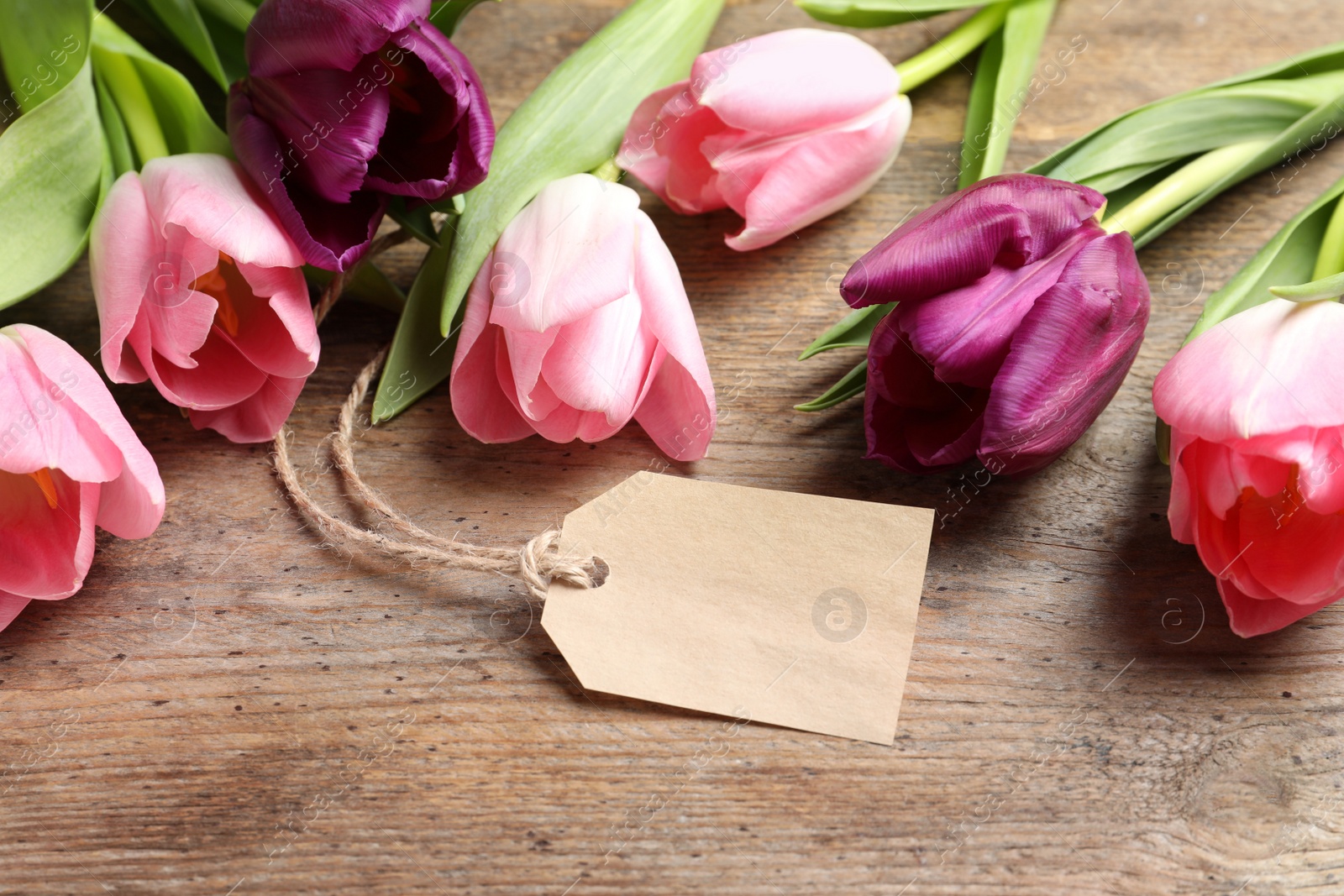 Photo of Beautiful spring tulips and blank label on wooden background, space for text. International Women's Day