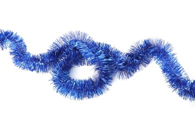 Photo of Shiny blue tinsel isolated on white, top view