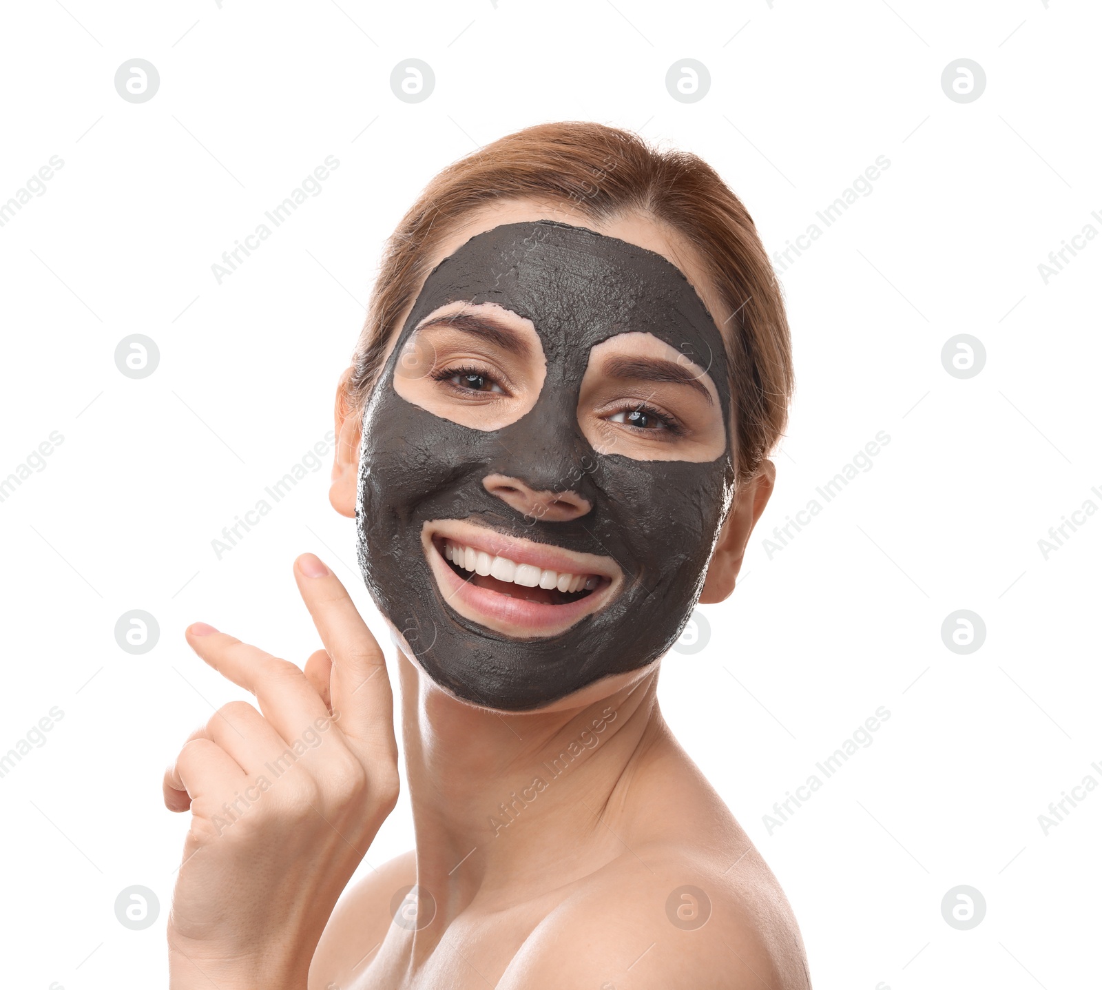 Photo of Beautiful woman with black mask on face against white background