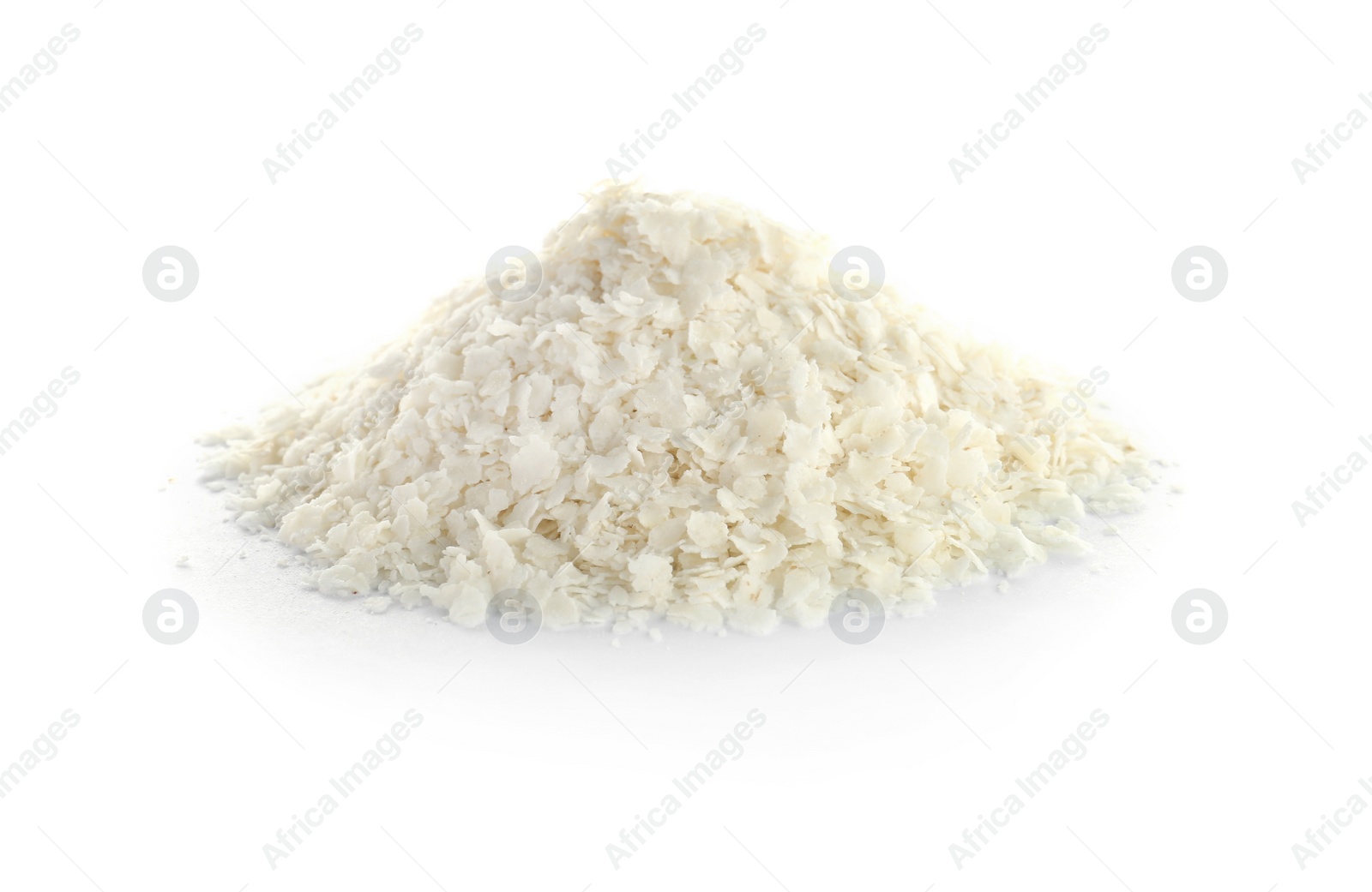 Photo of Raw rice flakes on white background. Healthy grains and cereals