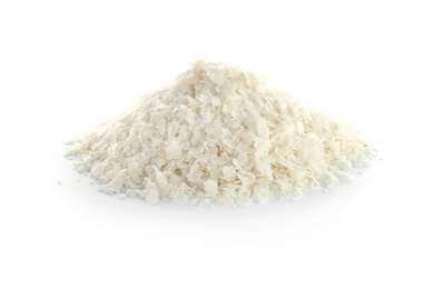 Photo of Raw rice flakes on white background. Healthy grains and cereals