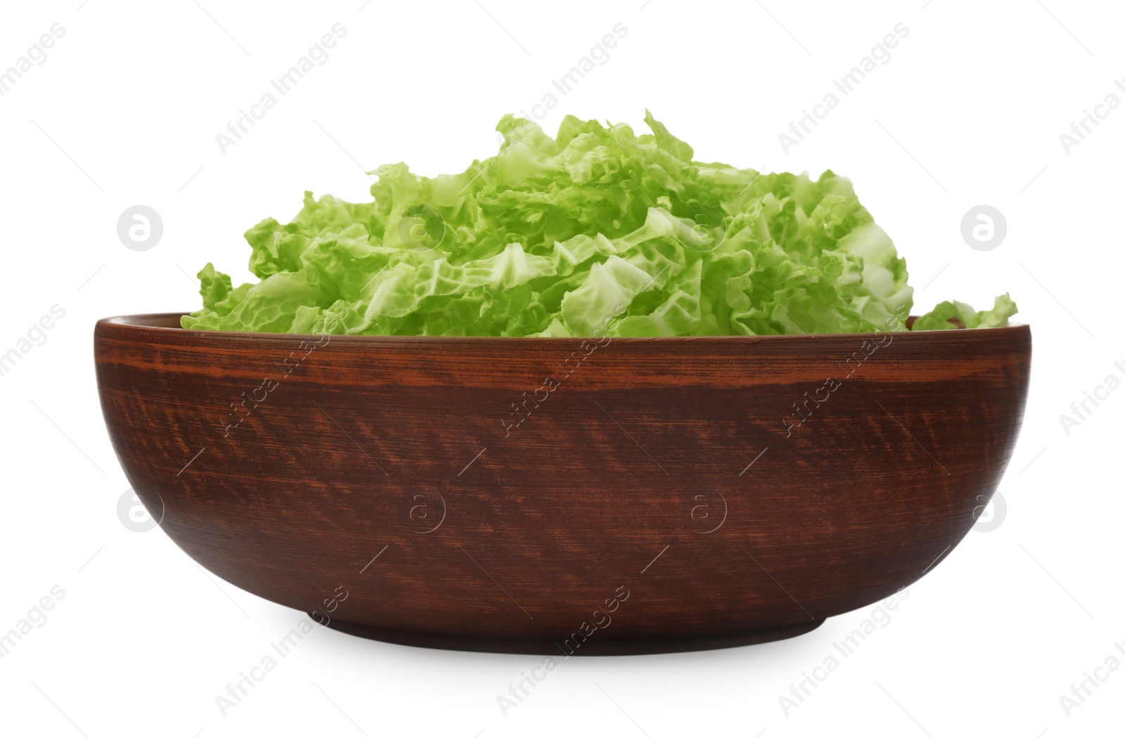 Photo of Pile of fresh ripe Chinese cabbage in bowl isolated on white