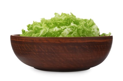 Photo of Pile of fresh ripe Chinese cabbage in bowl isolated on white