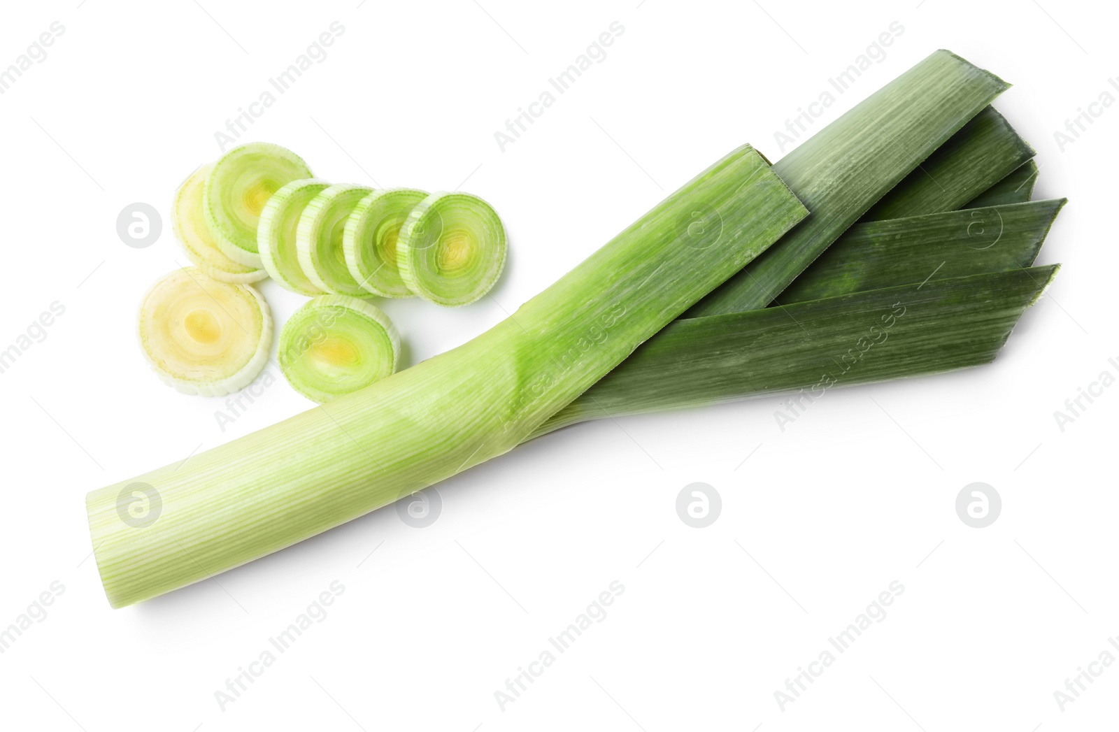 Photo of Fresh raw leek on white background. Ripe onion