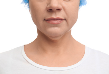 Photo of Mature woman with double chin on white background, closeup