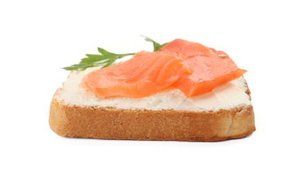 Delicious sandwich with cream cheese, salmon and parsley isolated on white