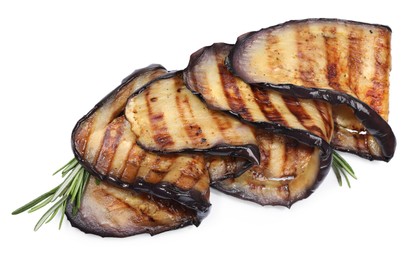 Photo of Slices of tasty grilled eggplant and rosemary isolated on white
