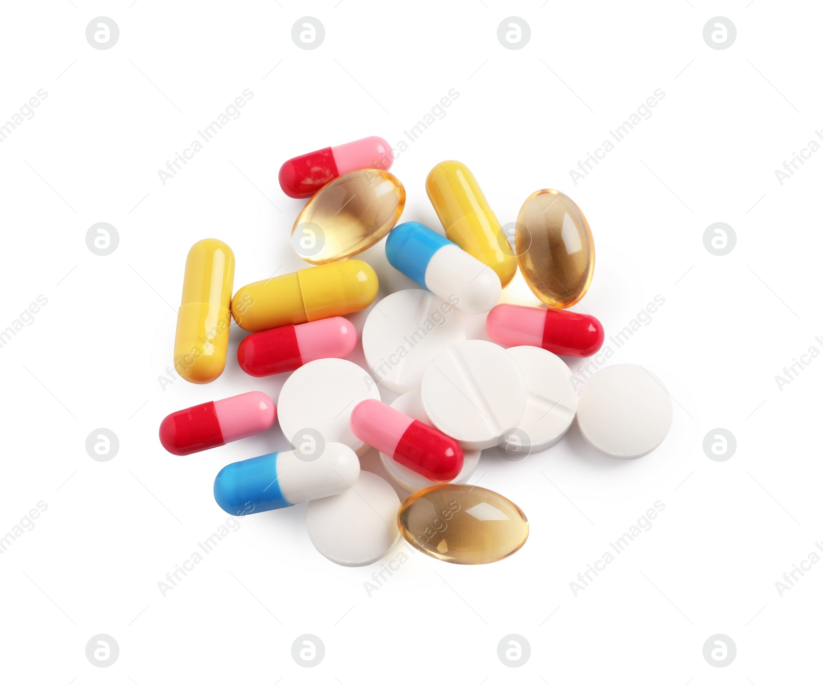 Photo of Many different pills isolated on white, top view