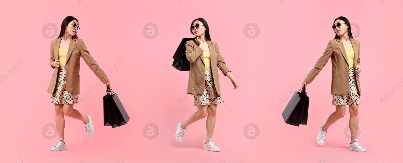 Image of Woman with shopping bags on pink background, set with photos