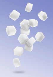 Refined sugar cubes in air on color gradient background