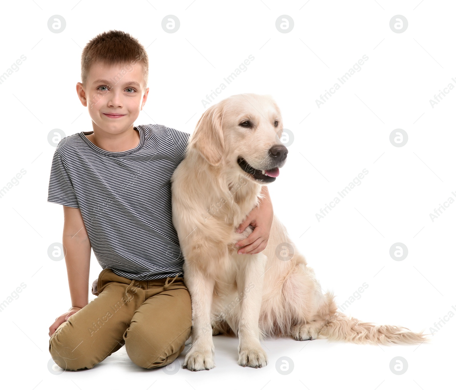 Photo of Cute little child with his pet on white background