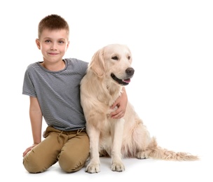 Photo of Cute little child with his pet on white background