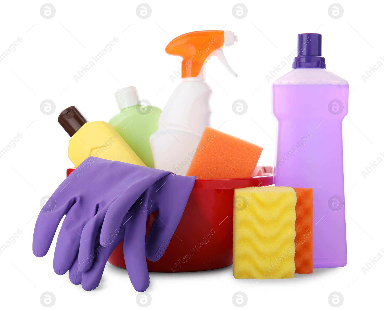 Photo of Red basin with cleaning supplies and tools on white background