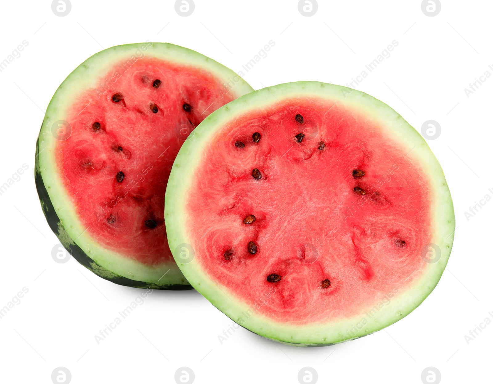 Photo of Halves of delicious ripe watermelon isolated on white