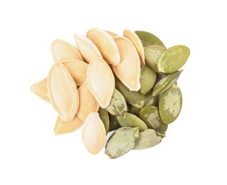 Photo of Pile of raw pumpkin seeds on white background, top view