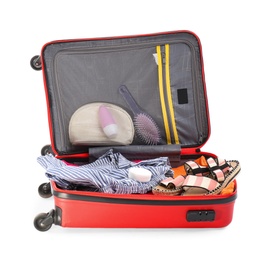 Photo of Packed suitcase with deodorant and clothes on white background