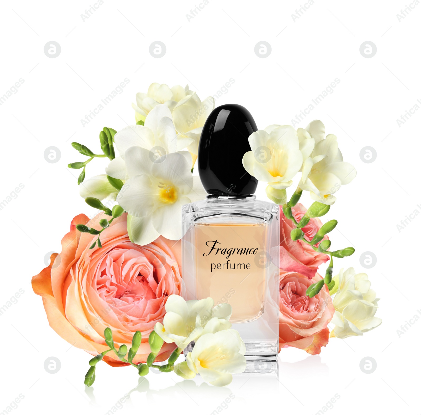 Image of Bottle of luxury perfume and beautiful flowers on white background