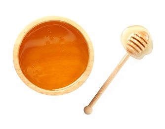 Tasty honey in bowl and dipper on white background, flat lay