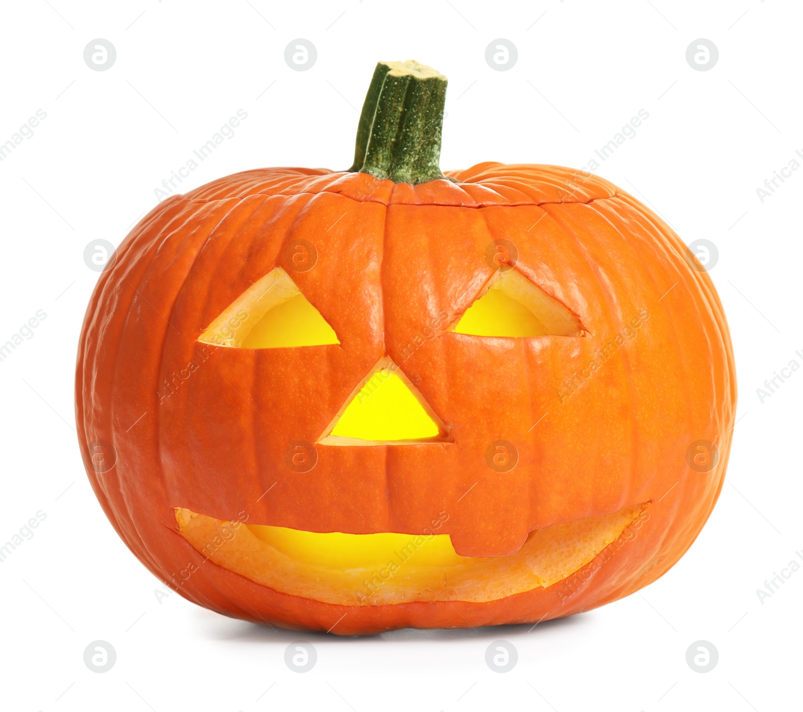 Photo of Cute pumpkin jack o'lantern isolated on white. Halloween decor