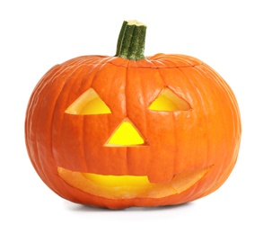 Photo of Cute pumpkin jack o'lantern isolated on white. Halloween decor
