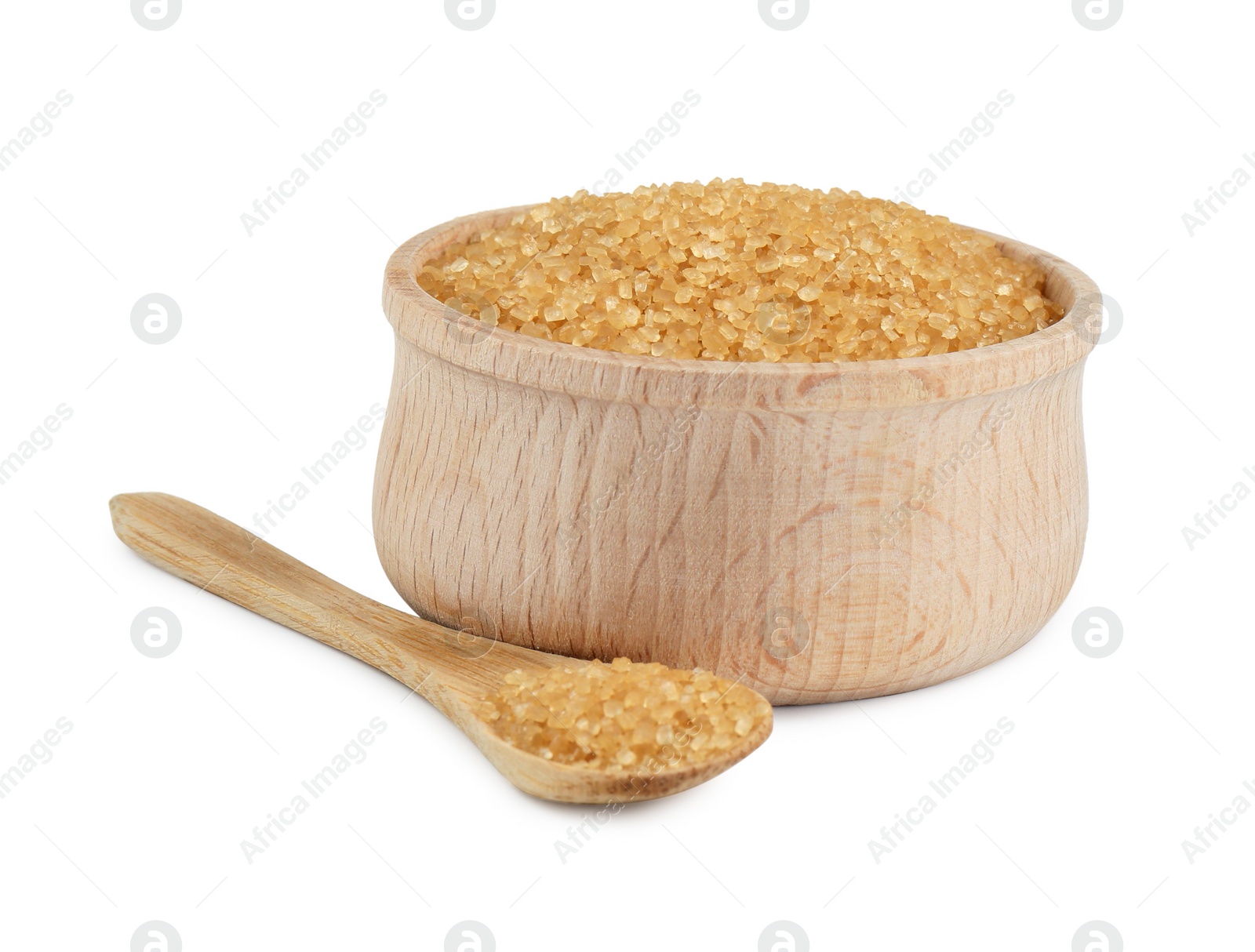 Photo of Brown sugar in bowl and spoon isolated on white