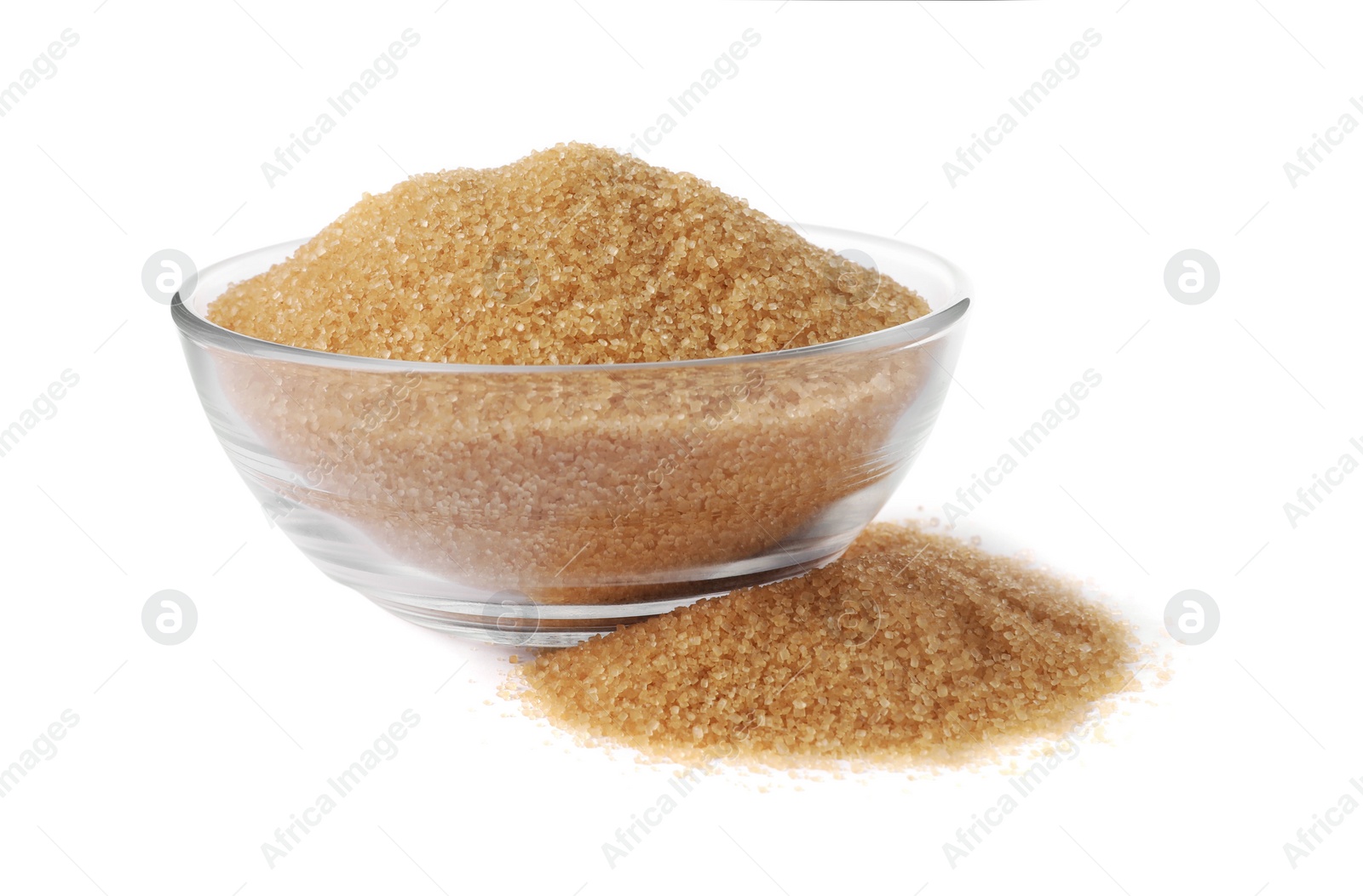 Photo of Glass bowl and granulated brown sugar on white background
