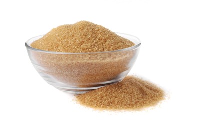 Photo of Glass bowl and granulated brown sugar on white background
