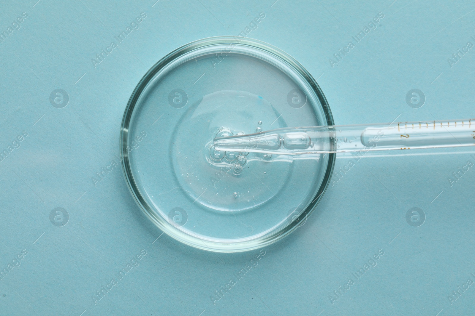 Photo of Glass pipette and petri dish with liquid on light blue background, top view