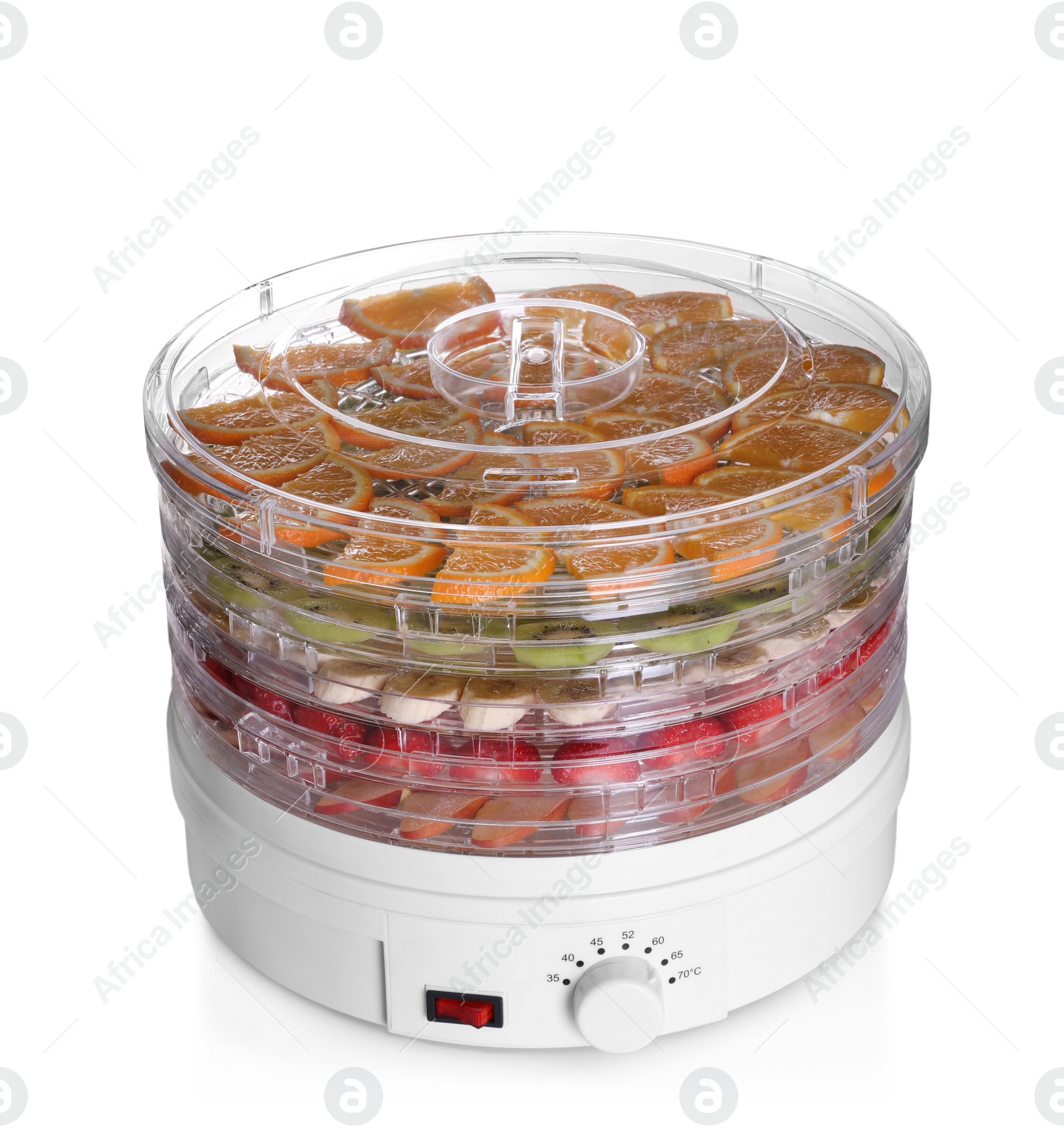 Photo of Dehydrator machine with different fruits and berries isolated on white