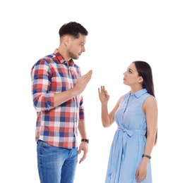 Photo of Hearing impaired friends using sign language for communication isolated on white