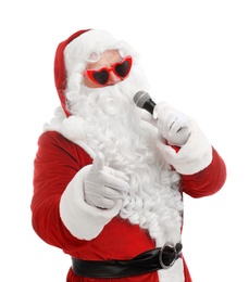 Photo of Santa Claus singing on white background. Christmas music