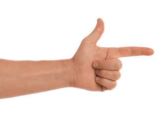 Photo of Man making frame with hand on white background, closeup